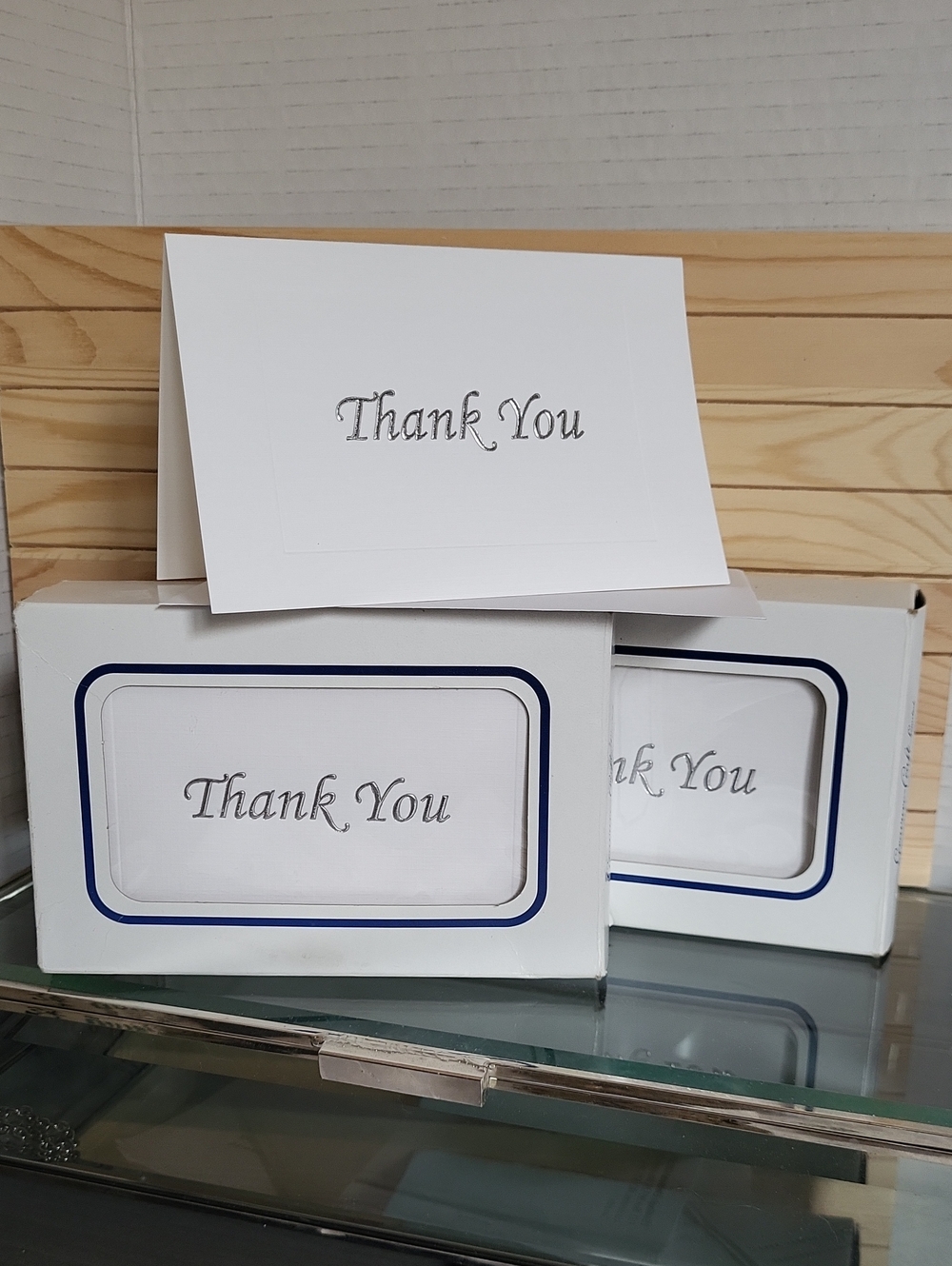 White Thank You Folded Note Cards - Silver Script